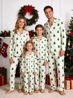 Matching Couple Christmas Pajamas Set with Gold Star-Topped Green Trees Print Long Sleeve Button-Down Sleepwear