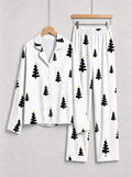 Black and Gold Star Christmas Tree Print Button-Down Matching Couple Pajama Set