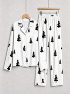 Black and Gold Star Christmas Tree Print Button-Down Matching Couple Pajama Set