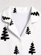 Black and Gold Star Christmas Tree Print Button-Down Matching Couple Pajama Set