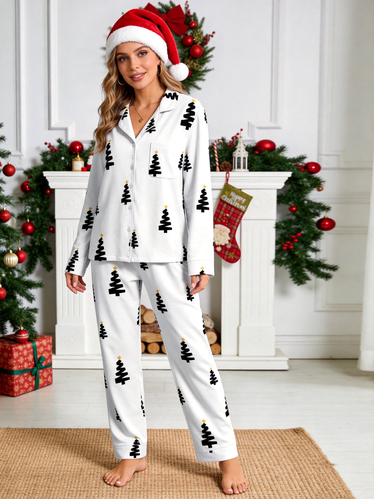 Black and Gold Star Christmas Tree Print Button-Down Matching Couple Pajama Set