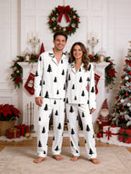 Black and Gold Star Christmas Tree Print Button-Down Matching Couple Pajama Set