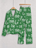Festive Green and White Ho Ho Ho Letter Print Holiday Matching Couple Sleepwear Button-Down Set