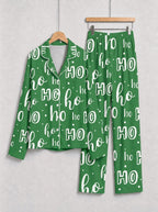 Festive Green and White Ho Ho Ho Letter Print Holiday Matching Couple Sleepwear Button-Down Set