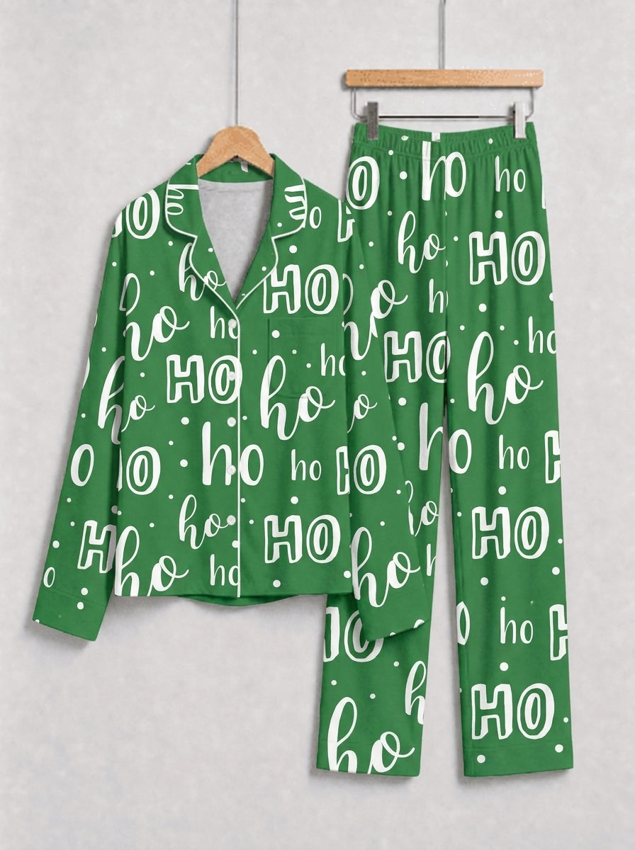 Festive Green and White Ho Ho Ho Letter Print Holiday Matching Couple Sleepwear Button-Down Set