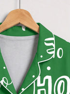 Festive Green and White Ho Ho Ho Letter Print Holiday Matching Couple Sleepwear Button-Down Set