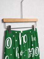 Festive Green and White Ho Ho Ho Letter Print Holiday Matching Couple Sleepwear Button-Down Set