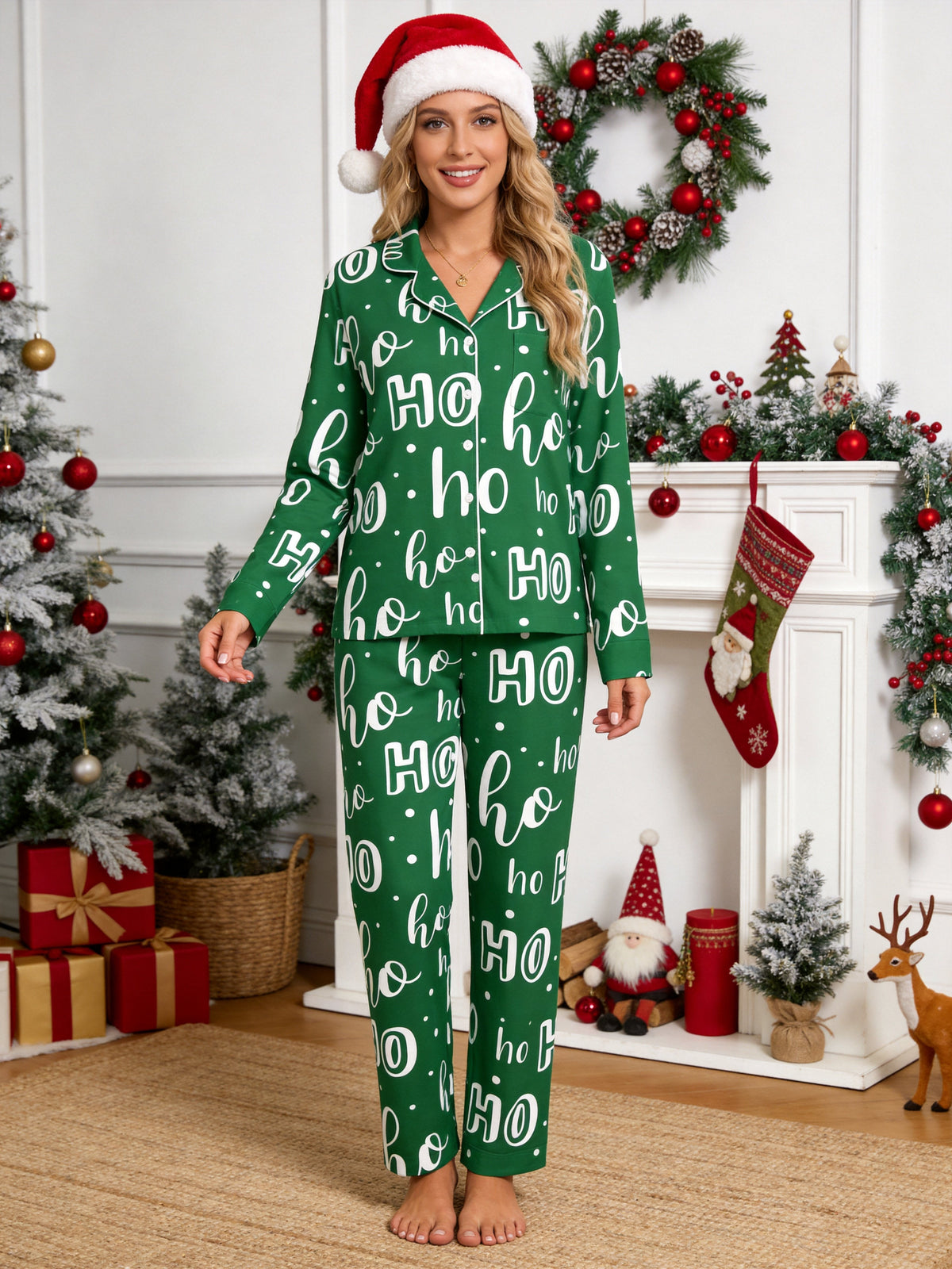 Festive Green and White Ho Ho Ho Letter Print Holiday Matching Couple Sleepwear Button-Down Set