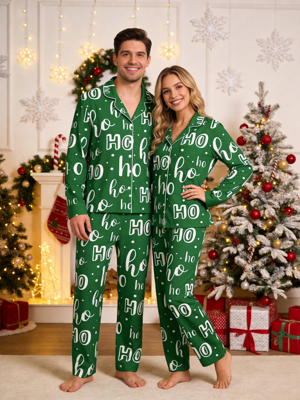 Festive Green and White Ho Ho Ho Letter Print Holiday Matching Couple Sleepwear Button-Down Set