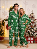 Festive Green and White Ho Ho Ho Letter Print Holiday Matching Couple Sleepwear Button-Down Set
