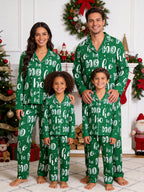 Festive Green and White Ho Ho Ho Letter Print Holiday Matching Couple Sleepwear Button-Down Set