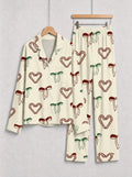 Candy Cane Heart and Bow Print Matching Couple Holiday Pajamas with Notch Collar