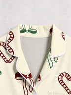 Candy Cane Heart and Bow Print Matching Couple Holiday Pajamas with Notch Collar