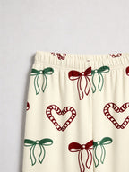 Candy Cane Heart and Bow Print Matching Couple Holiday Pajamas with Notch Collar