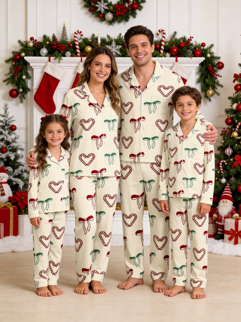 Candy Cane Heart and Bow Print Matching Couple Holiday Pajamas with Notch Collar