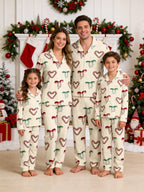 Candy Cane Heart and Bow Print Matching Couple Holiday Pajamas with Notch Collar