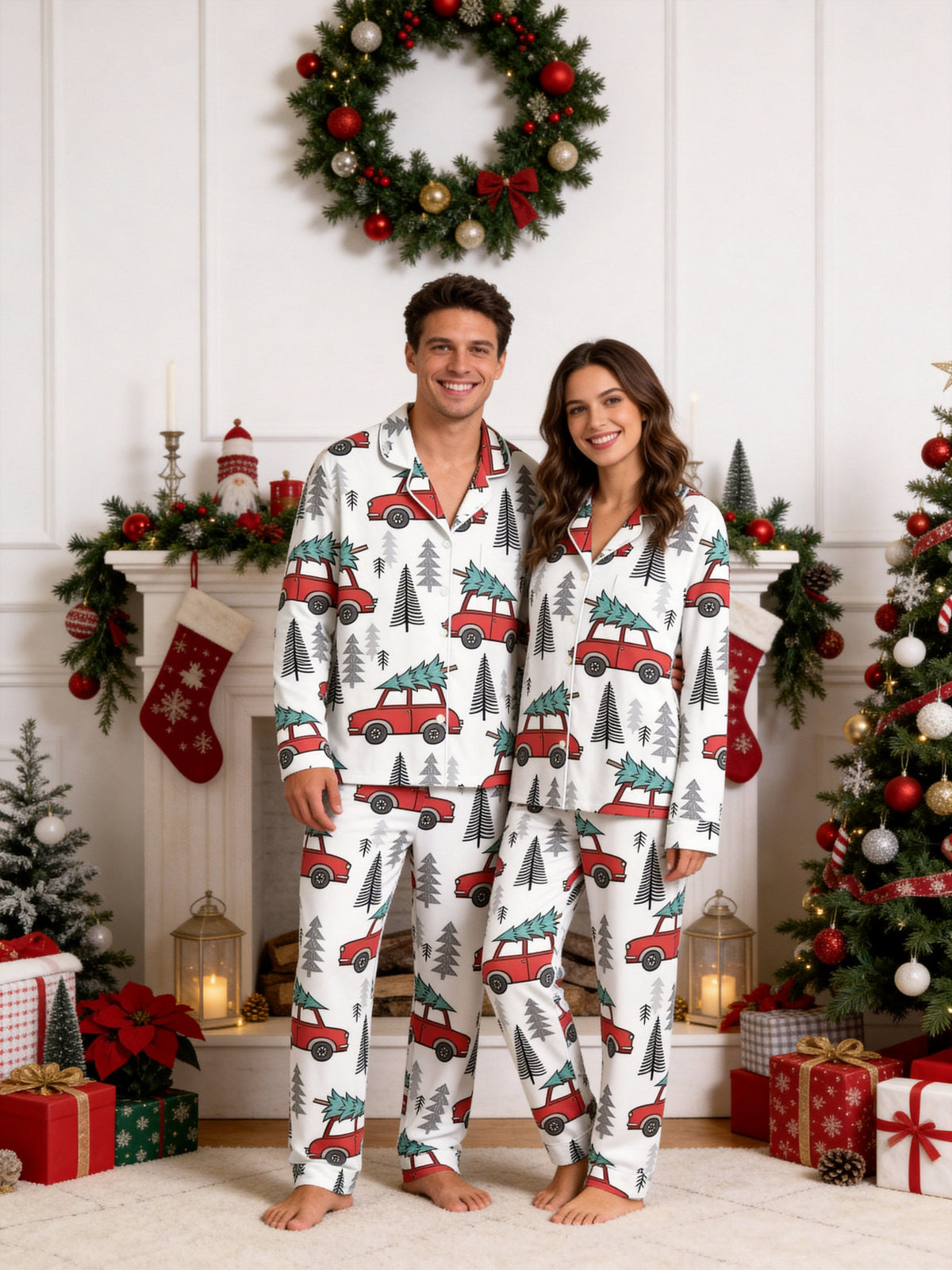 Red Christmas Car and Pine Tree Print Couple Matching Christmas Sleepwear Set