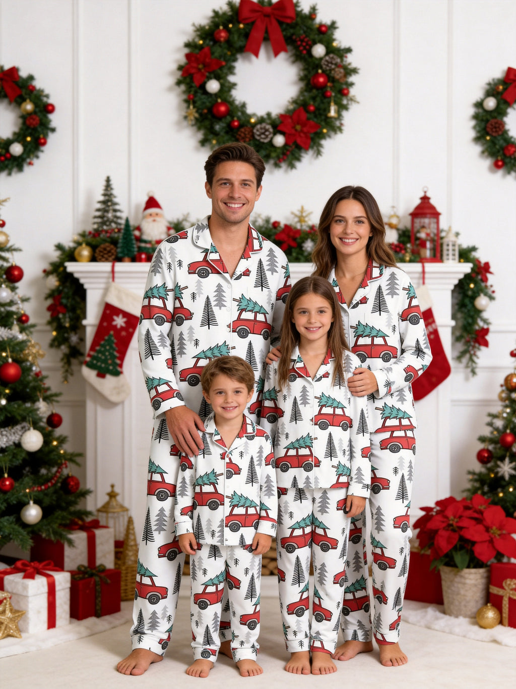 Red Christmas Car and Pine Tree Print Couple Matching Christmas Sleepwear Set