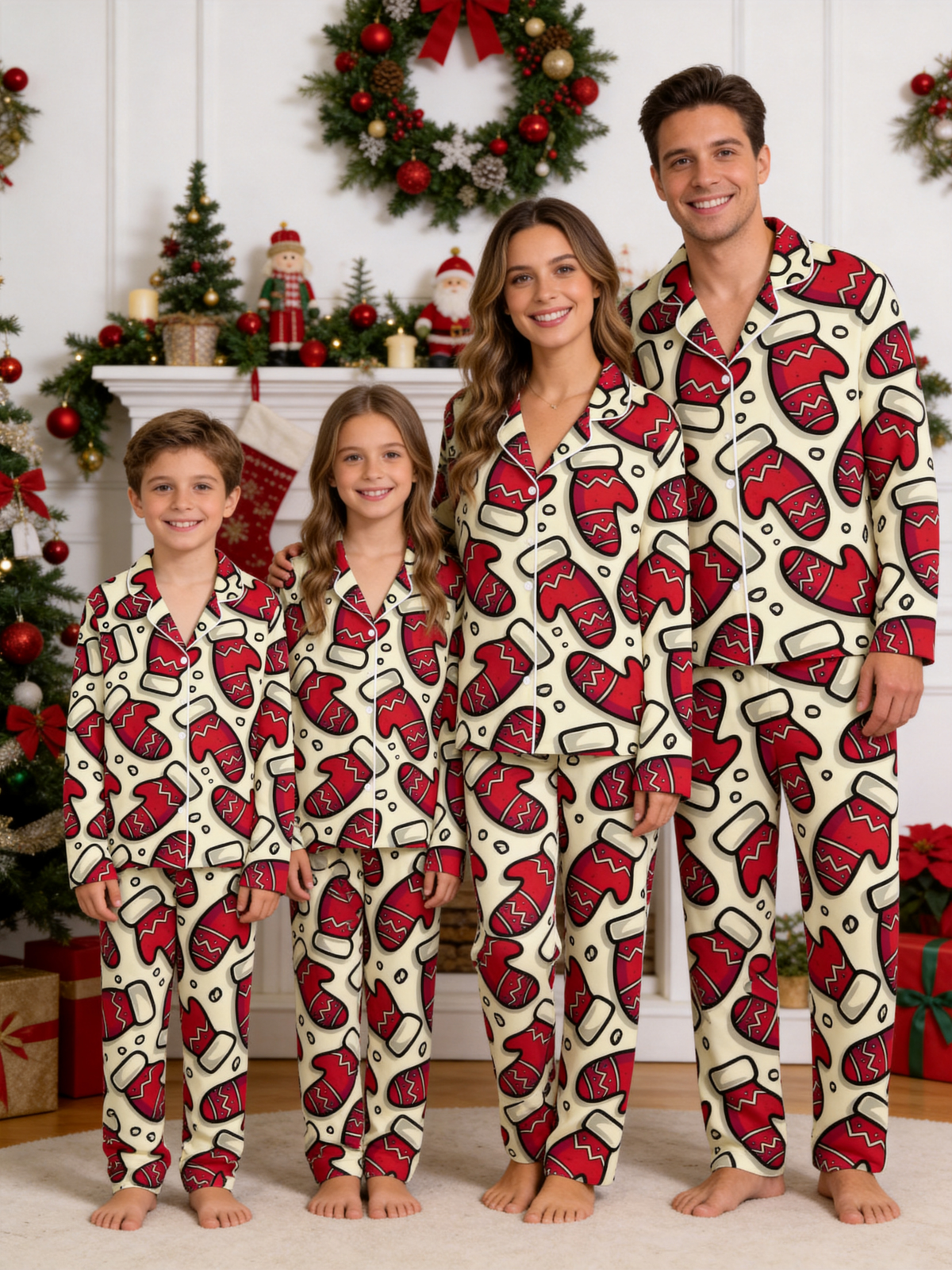 Red Mitten Print Christmas Matching Couple Pajamas Holiday Set