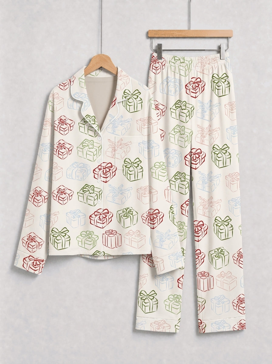 Colorful Christmas Gift Boxes Print Button-Down Matching Couple Holiday PJs
