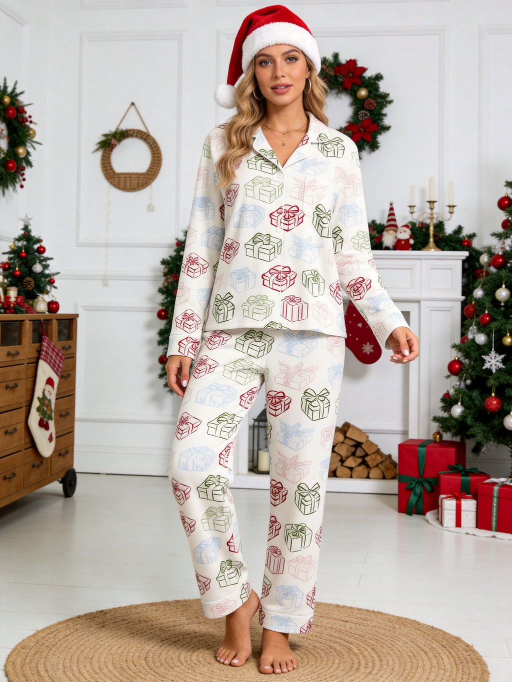 Colorful Christmas Gift Boxes Print Button-Down Matching Couple Holiday PJs