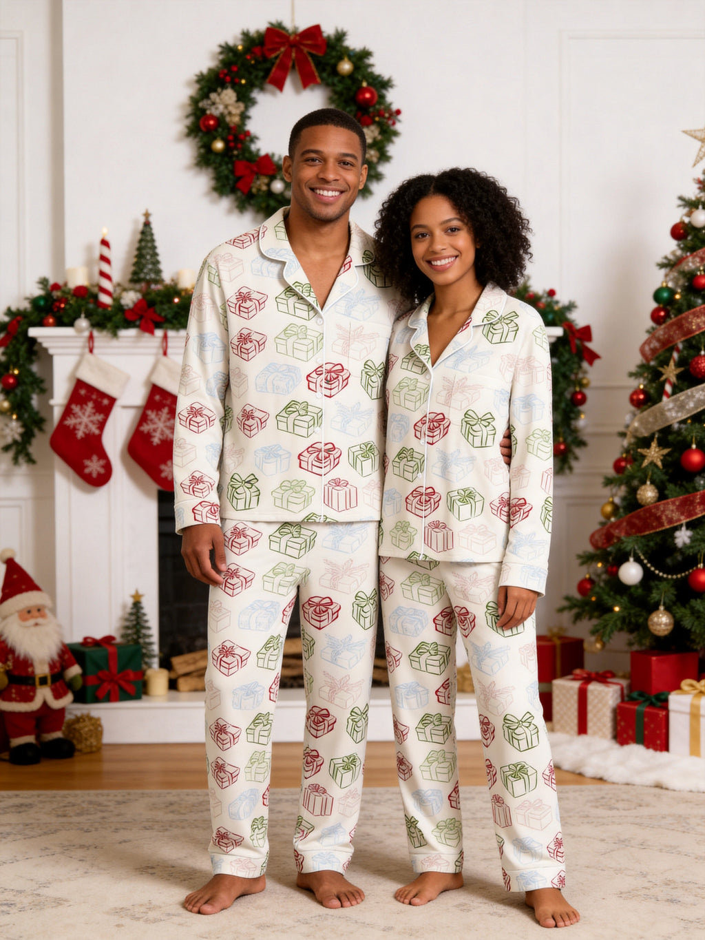 Colorful Christmas Gift Boxes Print Button-Down Matching Couple Holiday PJs