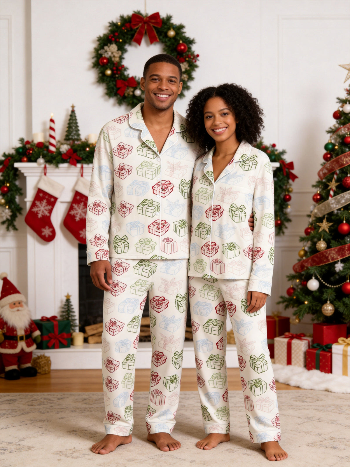 Colorful Christmas Gift Boxes Print Button-Down Matching Couple Holiday PJs