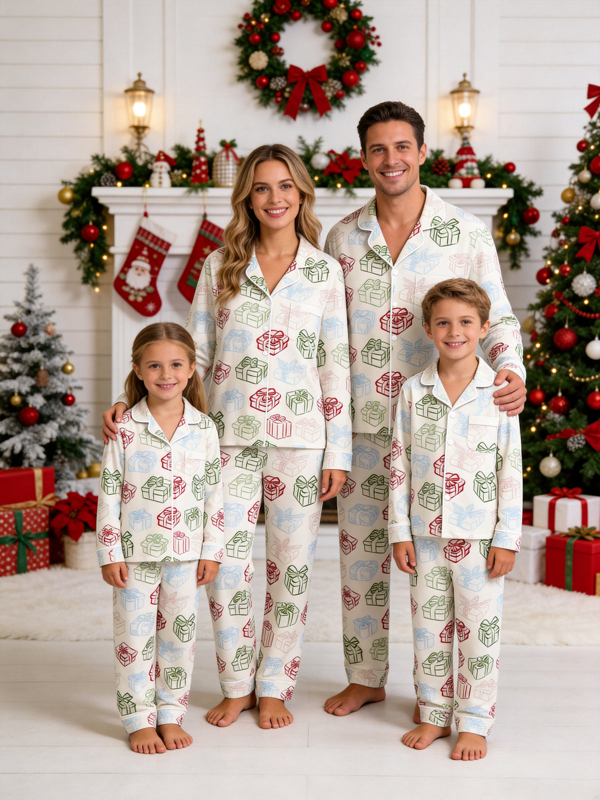 Colorful Christmas Gift Boxes Print Button-Down Matching Couple Holiday PJs