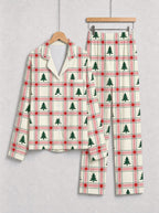 Pink and Green Plaid Christmas Tree Print Matching Couple Pajamas Button-Down Sleepwear