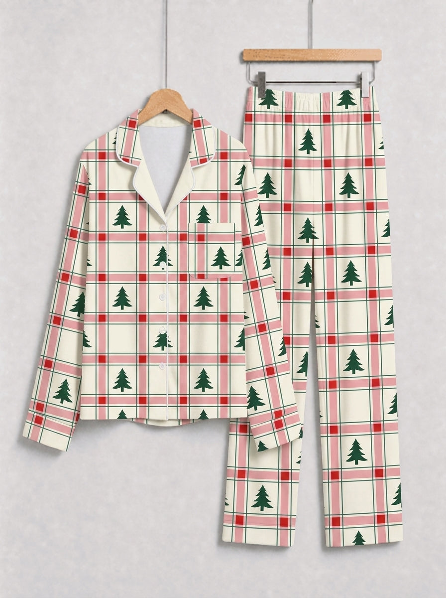 Pink and Green Plaid Christmas Tree Print Matching Couple Pajamas Button-Down Sleepwear