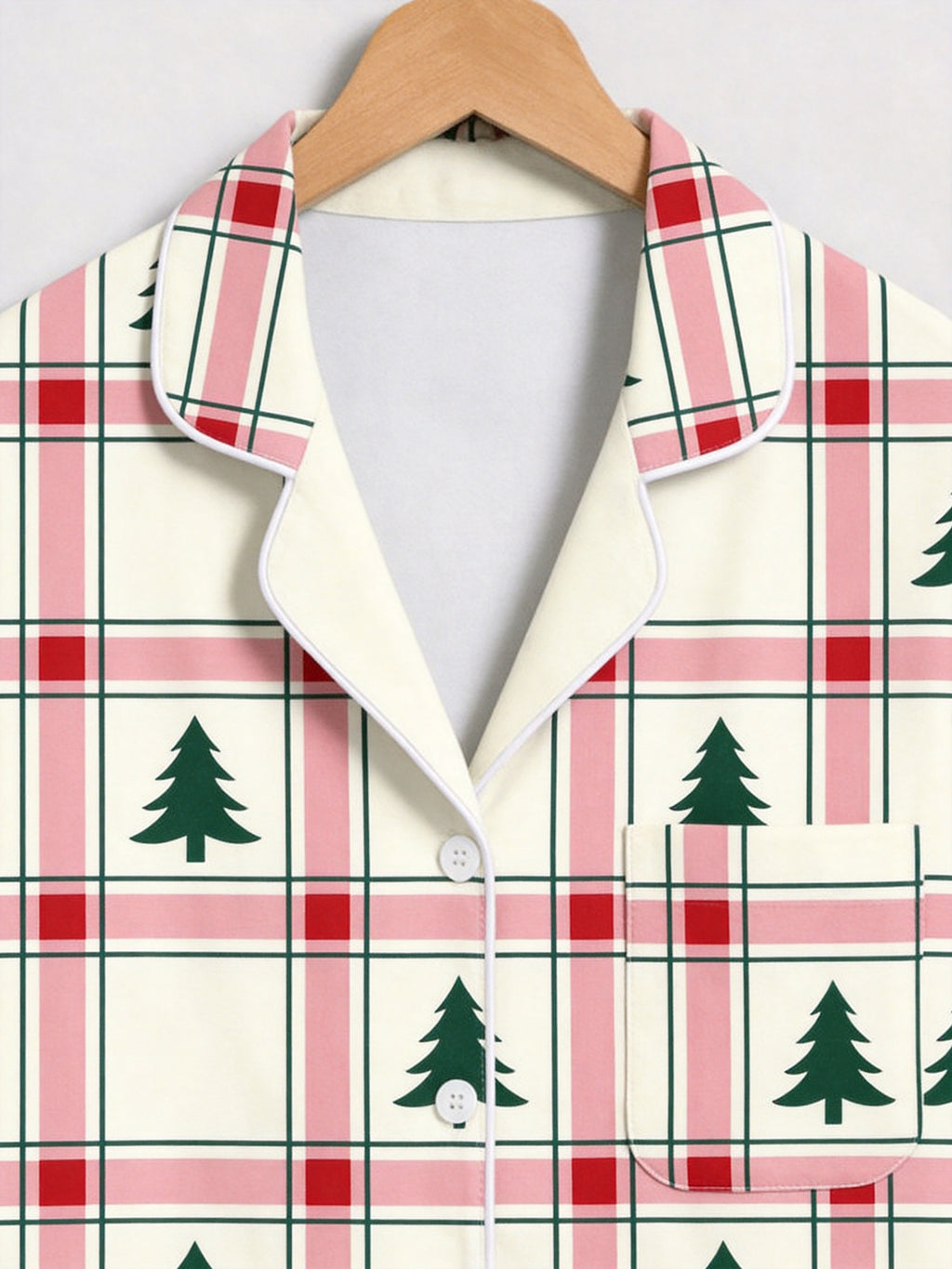 Pink and Green Plaid Christmas Tree Print Matching Couple Pajamas Button-Down Sleepwear