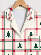 Pink and Green Plaid Christmas Tree Print Matching Couple Pajamas Button-Down Sleepwear