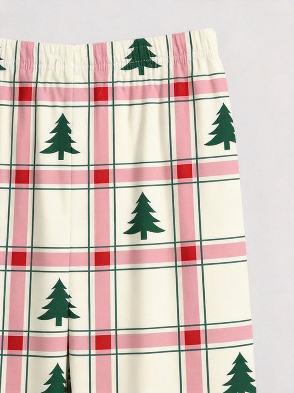 Pink and Green Plaid Christmas Tree Print Matching Couple Pajamas Button-Down Sleepwear