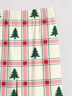 Pink and Green Plaid Christmas Tree Print Matching Couple Pajamas Button-Down Sleepwear