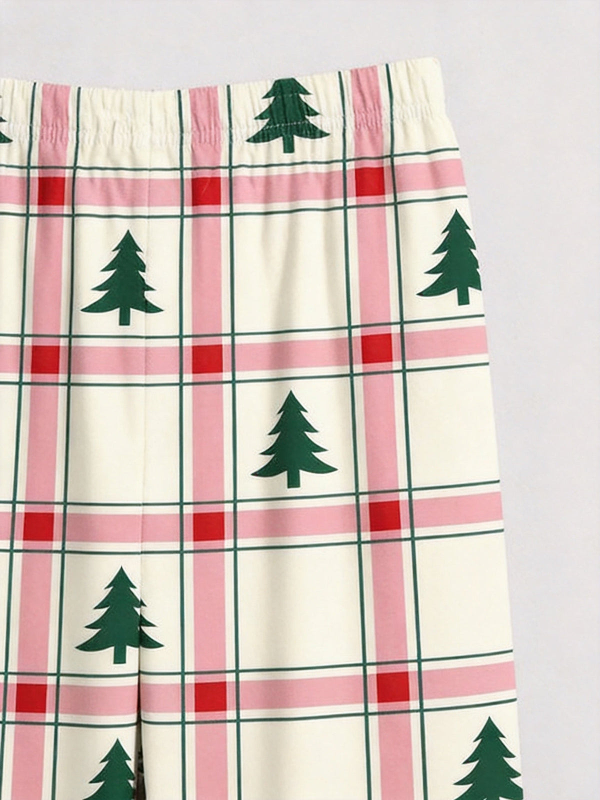 Pink and Green Plaid Christmas Tree Print Matching Couple Pajamas Button-Down Sleepwear