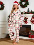 Pink and Green Plaid Christmas Tree Print Matching Couple Pajamas Button-Down Sleepwear