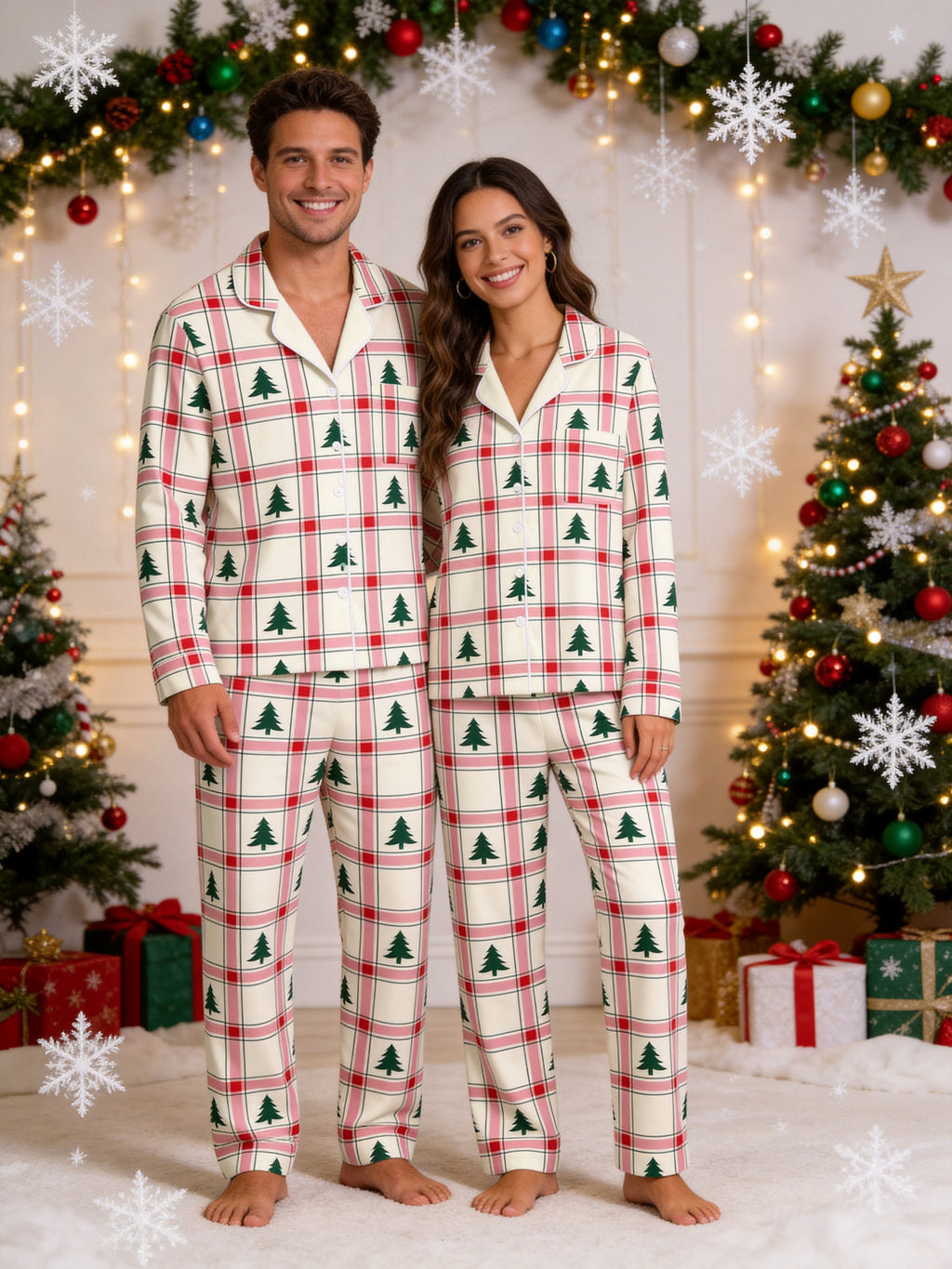 Pink and Green Plaid Christmas Tree Print Matching Couple Pajamas Button-Down Sleepwear