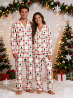 Pink and Green Plaid Christmas Tree Print Matching Couple Pajamas Button-Down Sleepwear
