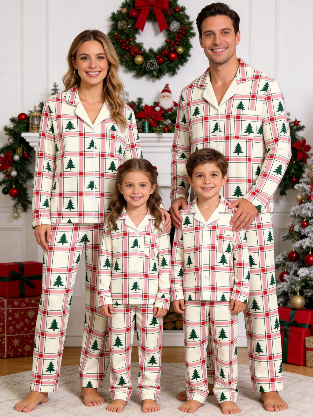 Pink and Green Plaid Christmas Tree Print Matching Couple Pajamas Button-Down Sleepwear
