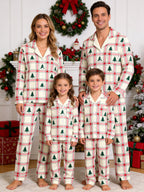 Pink and Green Plaid Christmas Tree Print Matching Couple Pajamas Button-Down Sleepwear