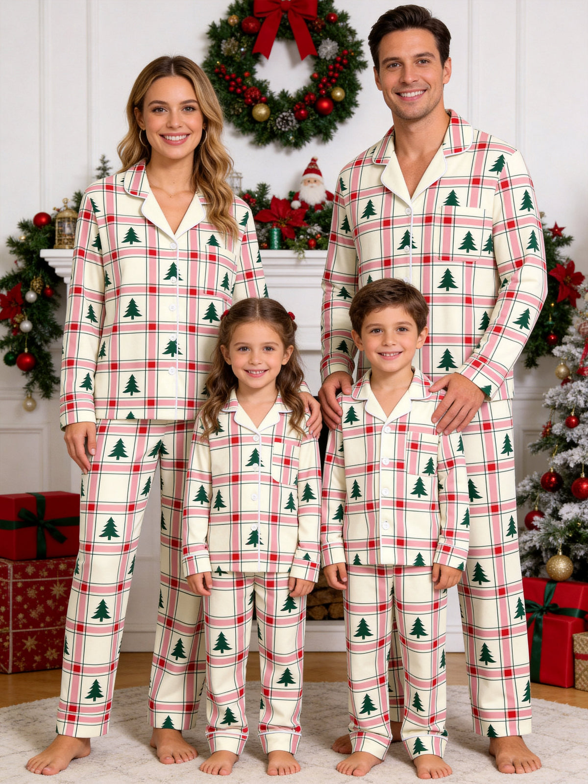 Pink and Green Plaid Christmas Tree Print Matching Couple Pajamas Button-Down Sleepwear
