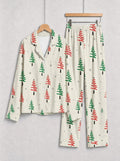 Green and Red Happy Letter Print Holiday Matching Couple Pajamas Long Sleeve Set