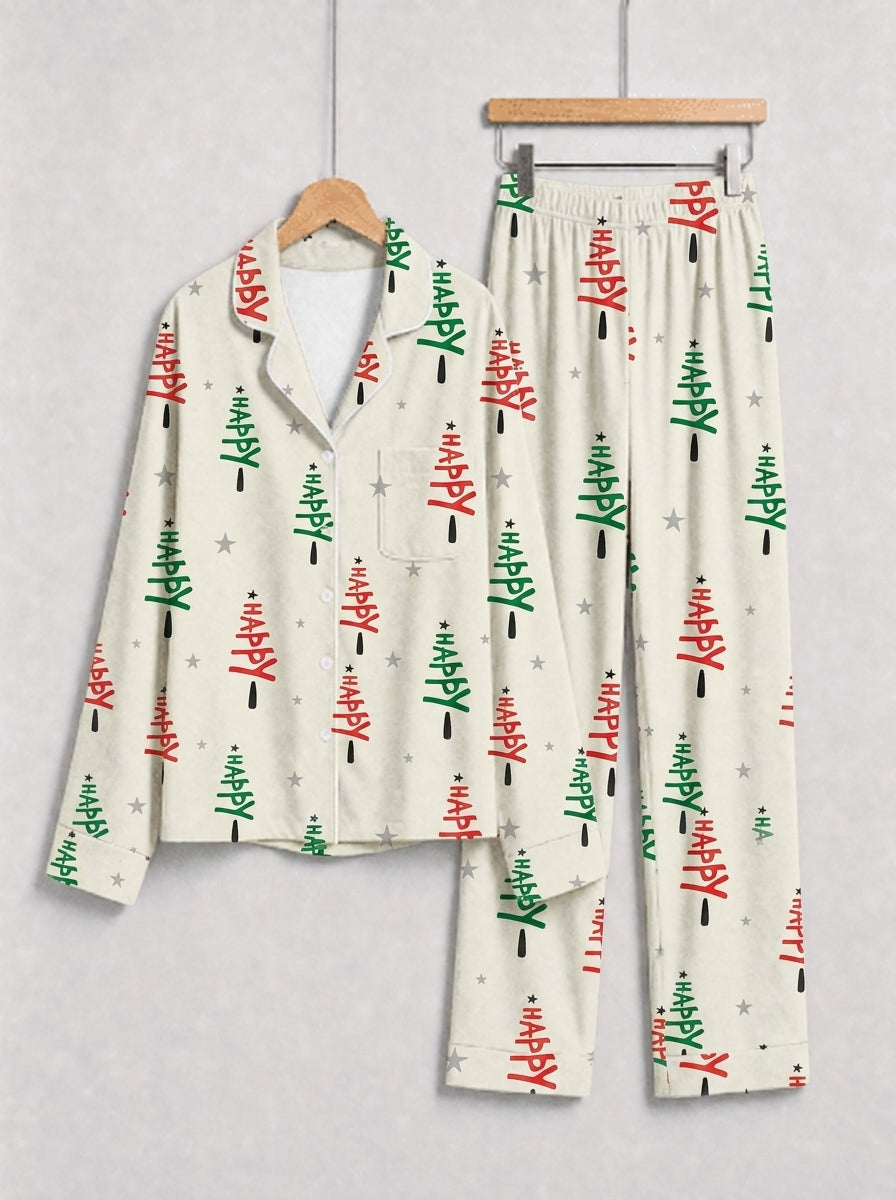 Green and Red Happy Letter Print Holiday Matching Couple Pajamas Long Sleeve Set