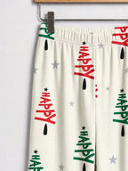 Green and Red Happy Letter Print Holiday Matching Couple Pajamas Long Sleeve Set