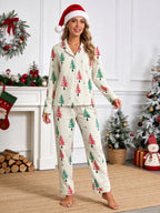 Green and Red Happy Letter Print Holiday Matching Couple Pajamas Long Sleeve Set