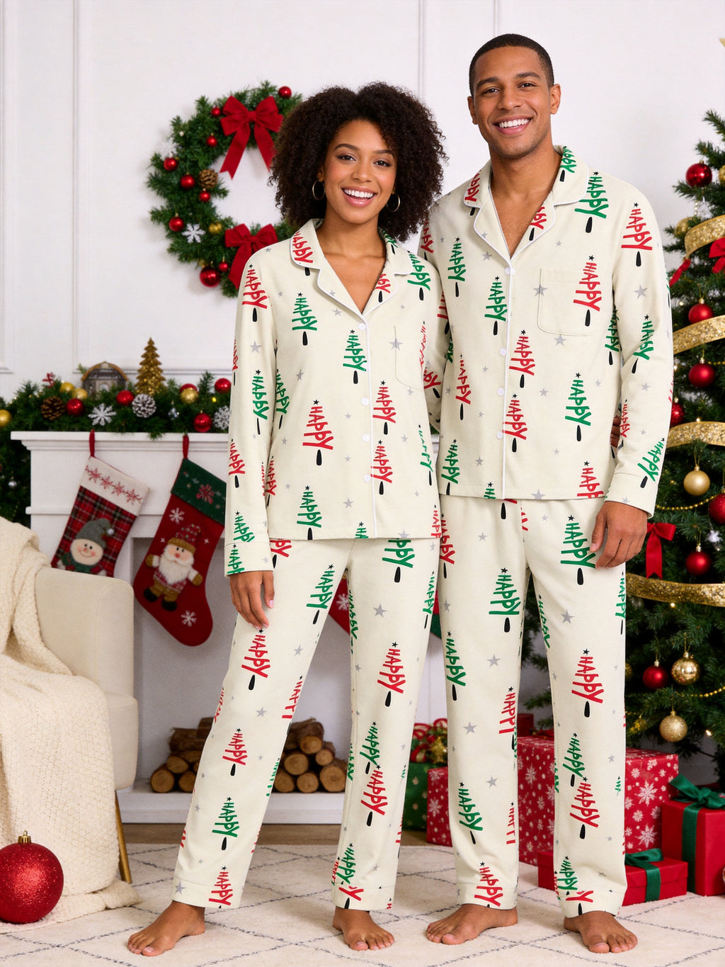 Green and Red Happy Letter Print Holiday Matching Couple Pajamas Long Sleeve Set
