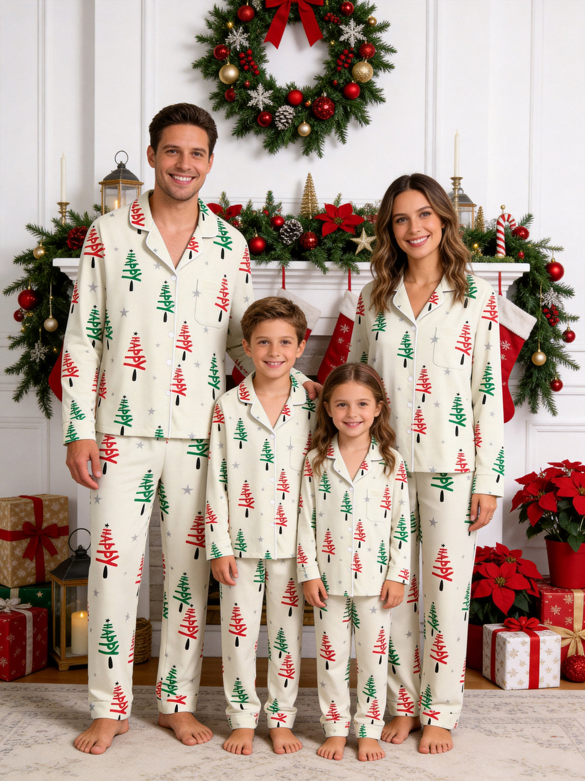 Green and Red Happy Letter Print Holiday Matching Couple Pajamas Long Sleeve Set