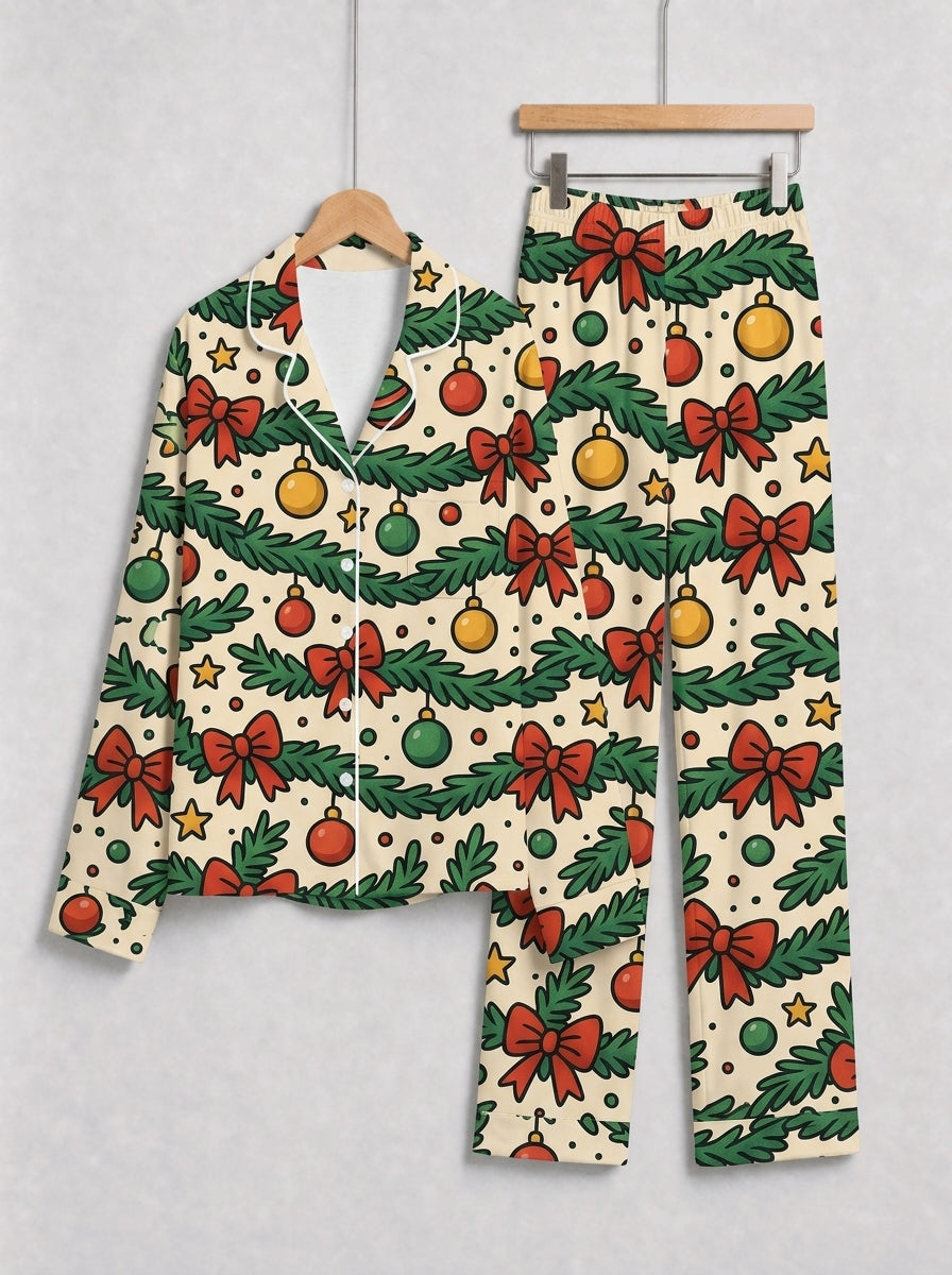 Christmas Garland with Red Bows and Ornaments Print Couple Matching Sleepwear Set