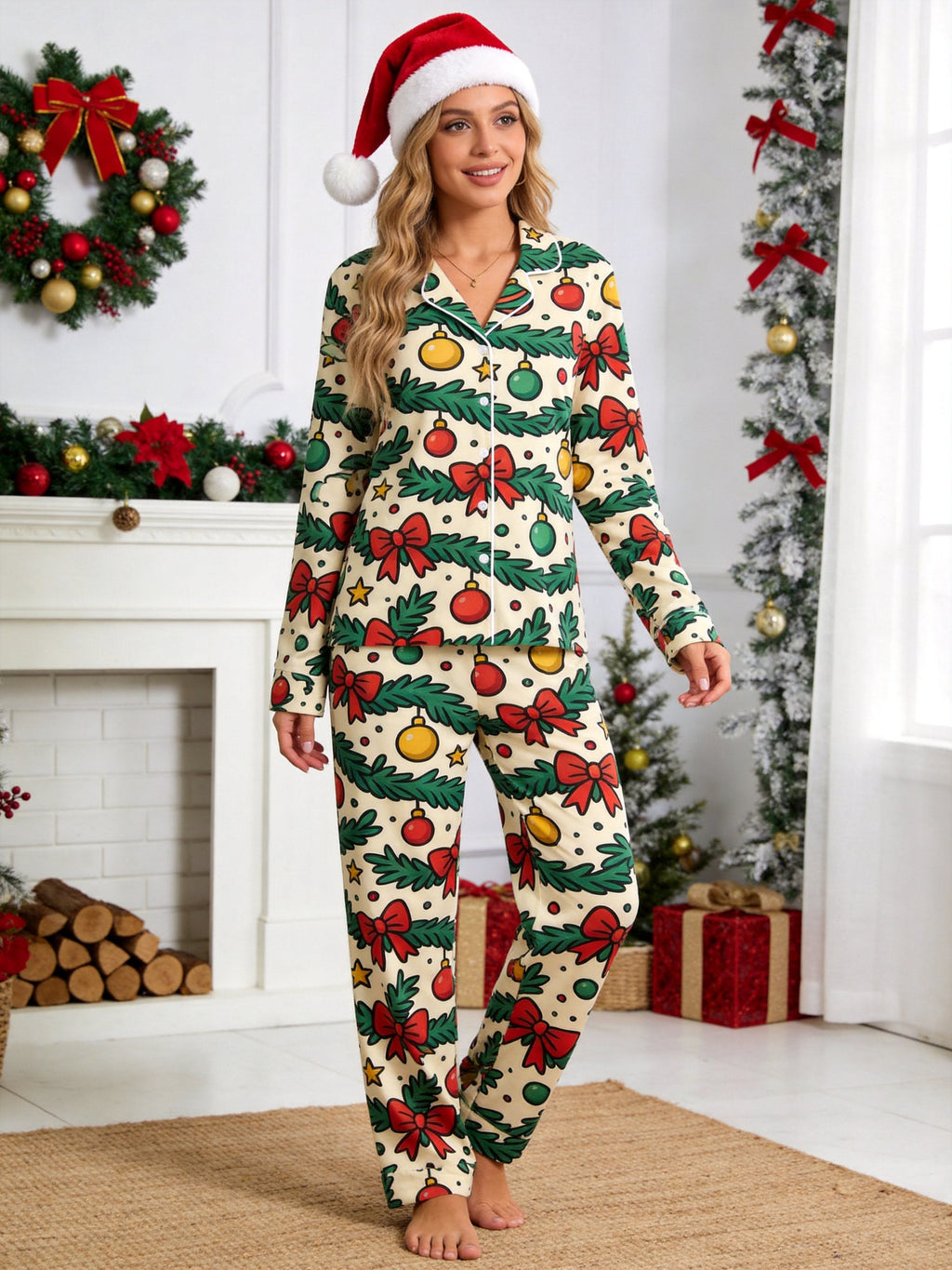 Christmas Garland with Red Bows and Ornaments Print Couple Matching Sleepwear Set