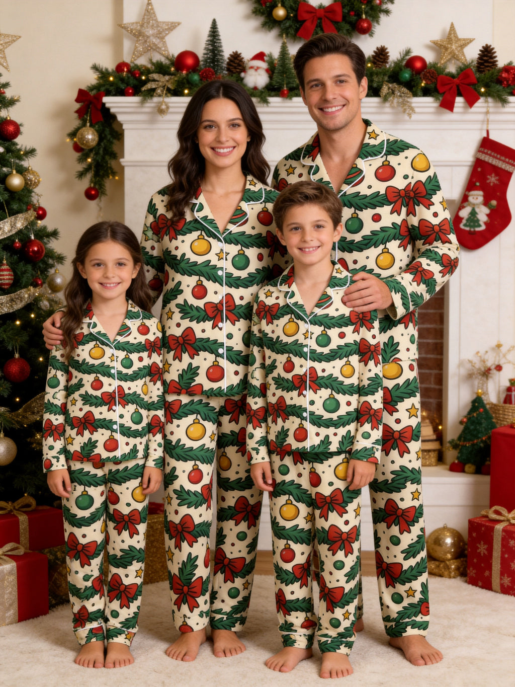 Christmas Garland with Red Bows and Ornaments Print Couple Matching Sleepwear Set